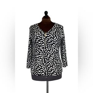 Rafaella 3/4 Sleeve Cotton Comfort Gold Zip Black White Striped Blouse Top Sz L